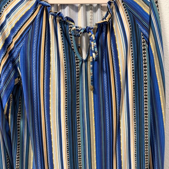 Susan Graver Blouse Sz L Long Sleeve Striped Blouse With Tie Neck Blue Multi - Picture 4 of 12